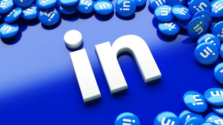 3d linkedin logo over a blue background surrounded by a lot of l