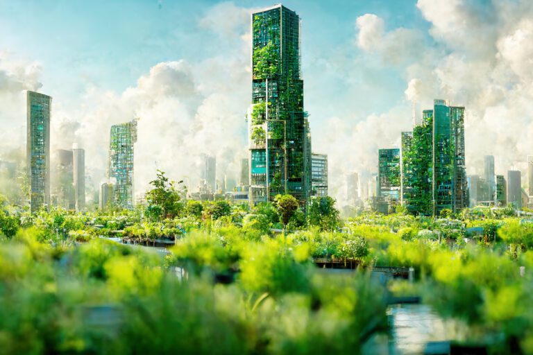 Green skyscraper building with plants in city ecology and green