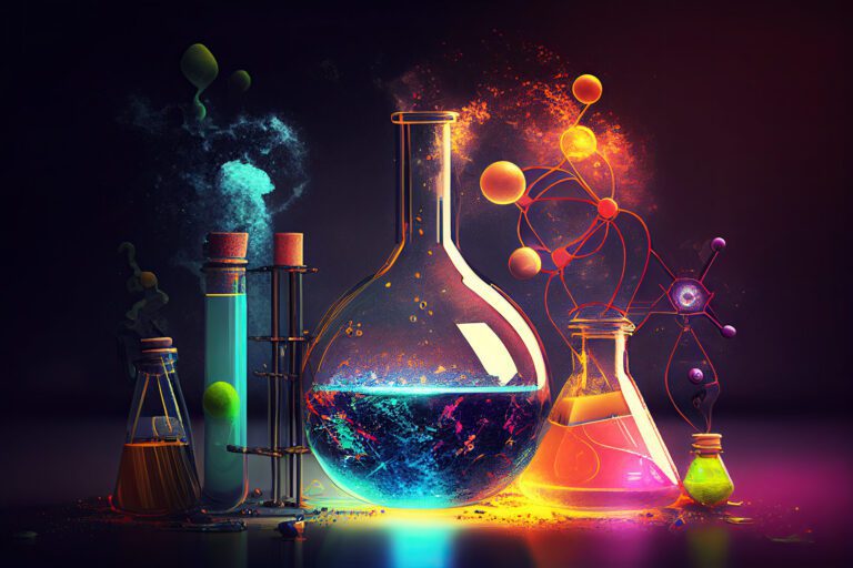 Science background illustration, scientific design. Flasks, glass and chemistry, physics elements