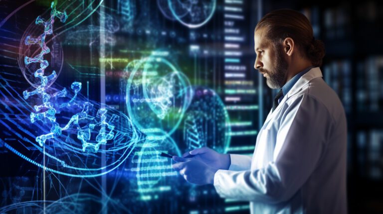 Doctor using tablet and check with analysis chromosome DNA genet