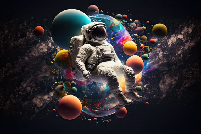 artistic astronaut floating in zero gravity, surrounded by stars and planets