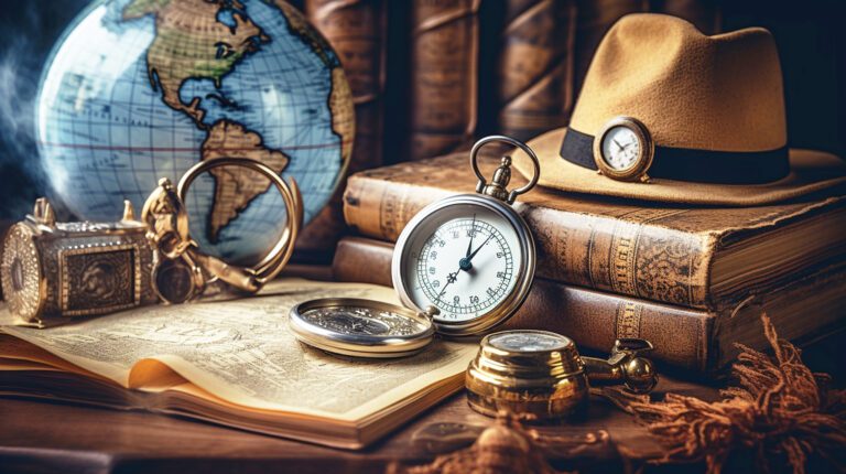 old vintage clock, books, compass