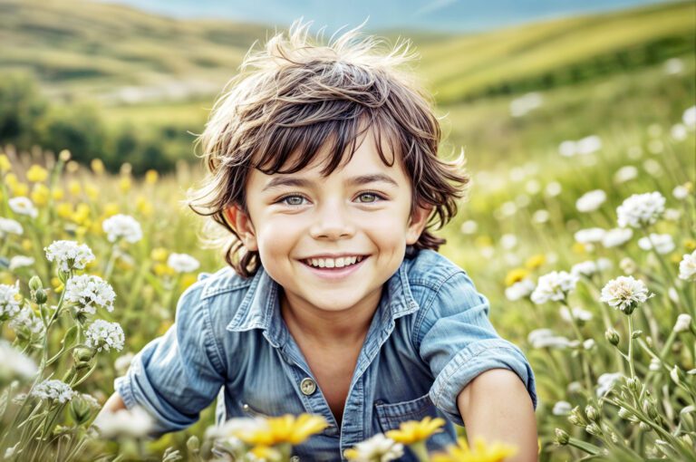 A dark-haired boy among wildflowers