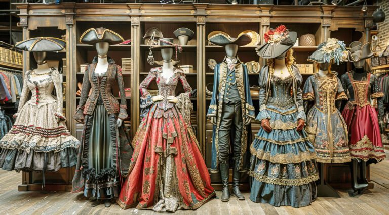 A row of costumes, including a pirate's hat, are displayed in a store