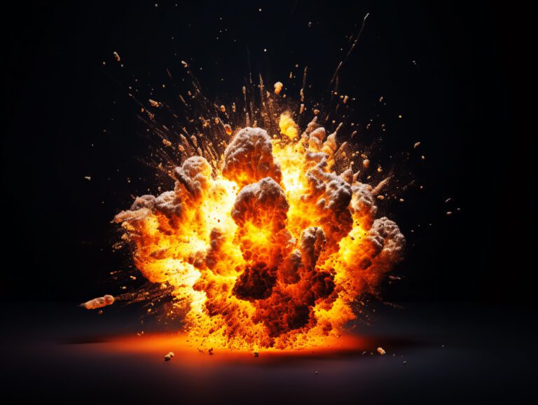 Realistic fiery explosion with sparks and smoke over a black background. Ai Generative illustration