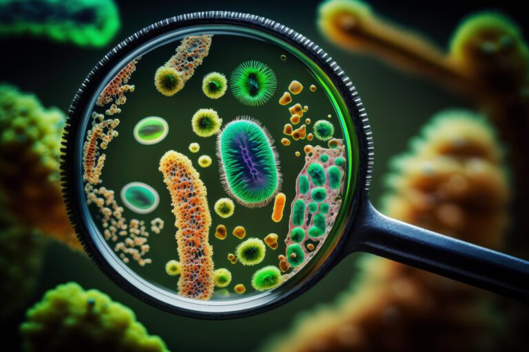 close-up of bacteria, with magnifying glass in the foreground