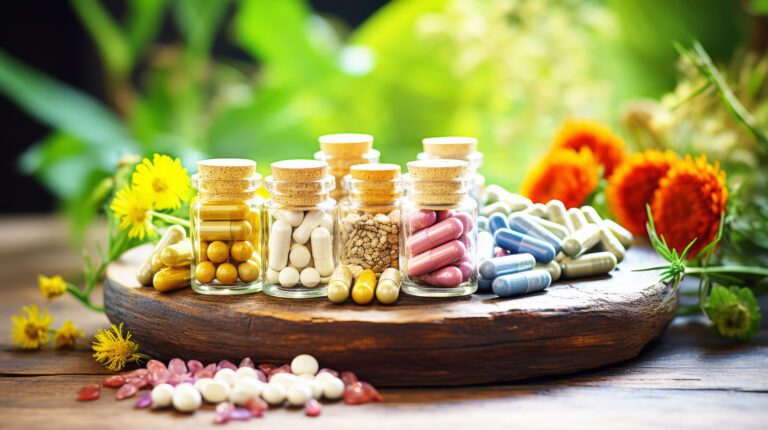 Assorted natural supplements on a wellness background, alternative medicine