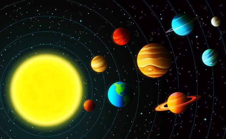 Solar system model with colorful planets at orbit and stars on sky