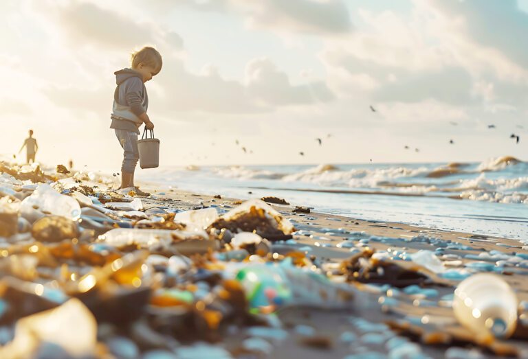 Young Boy Cleaning up Beach Pollution