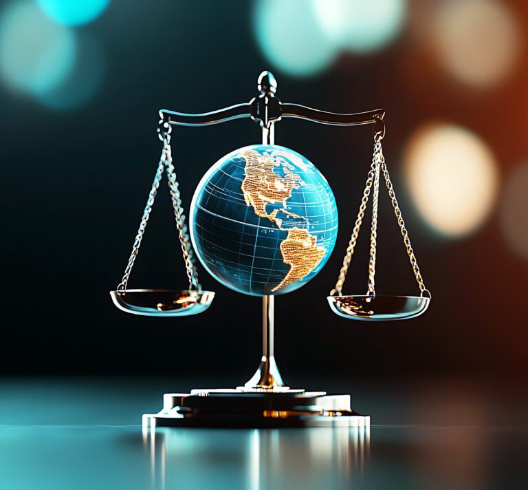 A globe being weighed on the scales of justice with the ICJ emblem in the background