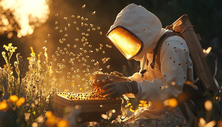 Beekeeper working with bees and collecting honey