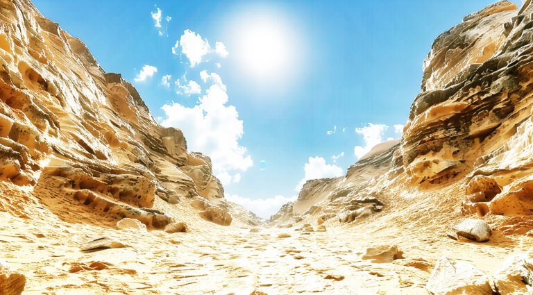 Barren desert landscape with striking rock formations, a testament to the arid beauty of the Negev desert