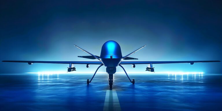 Blue 3D abstract drone for military surveillance with innovative